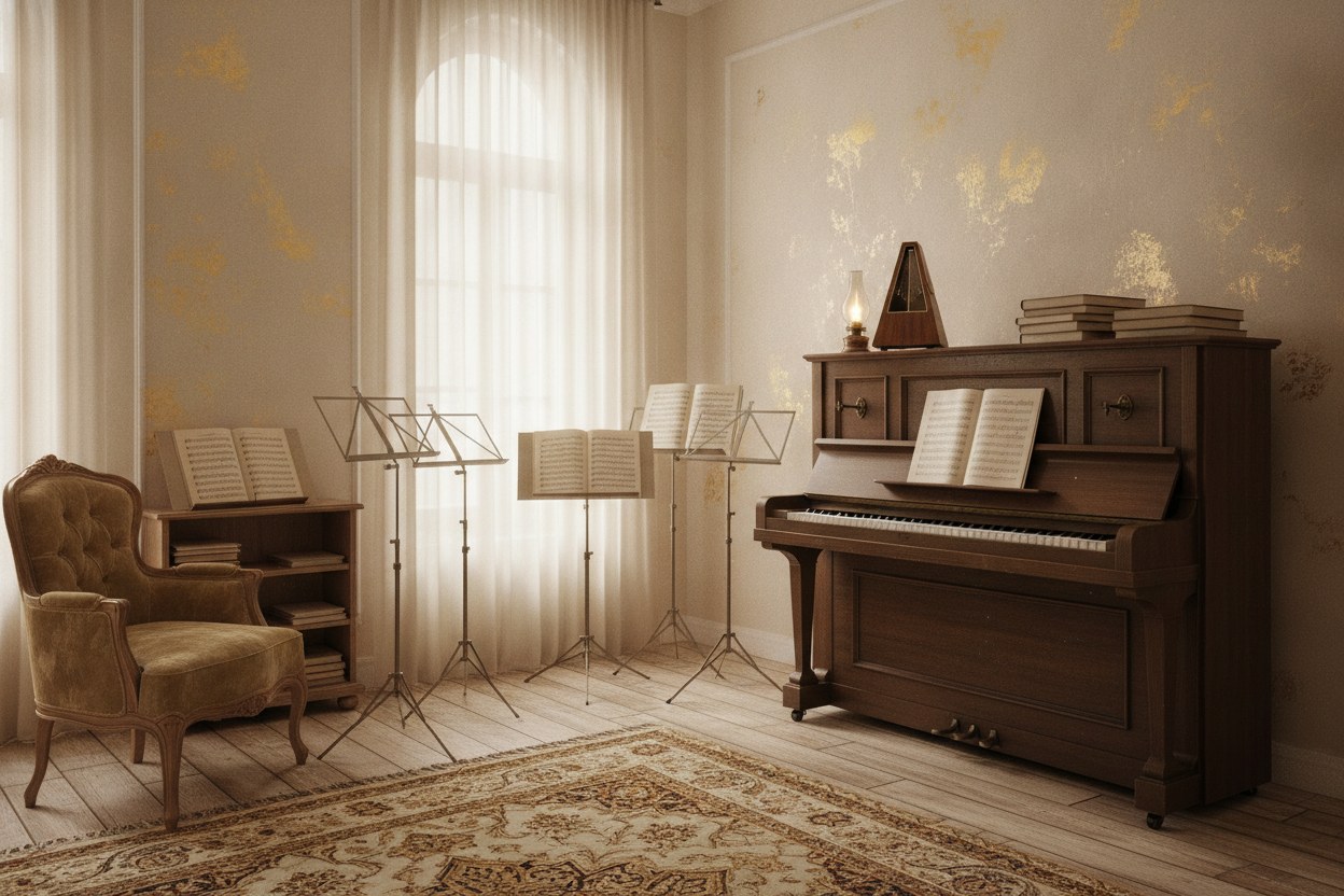 Moda'daki Largo ders salonu: akustik piyano, ahşap zemin ve nota rafları